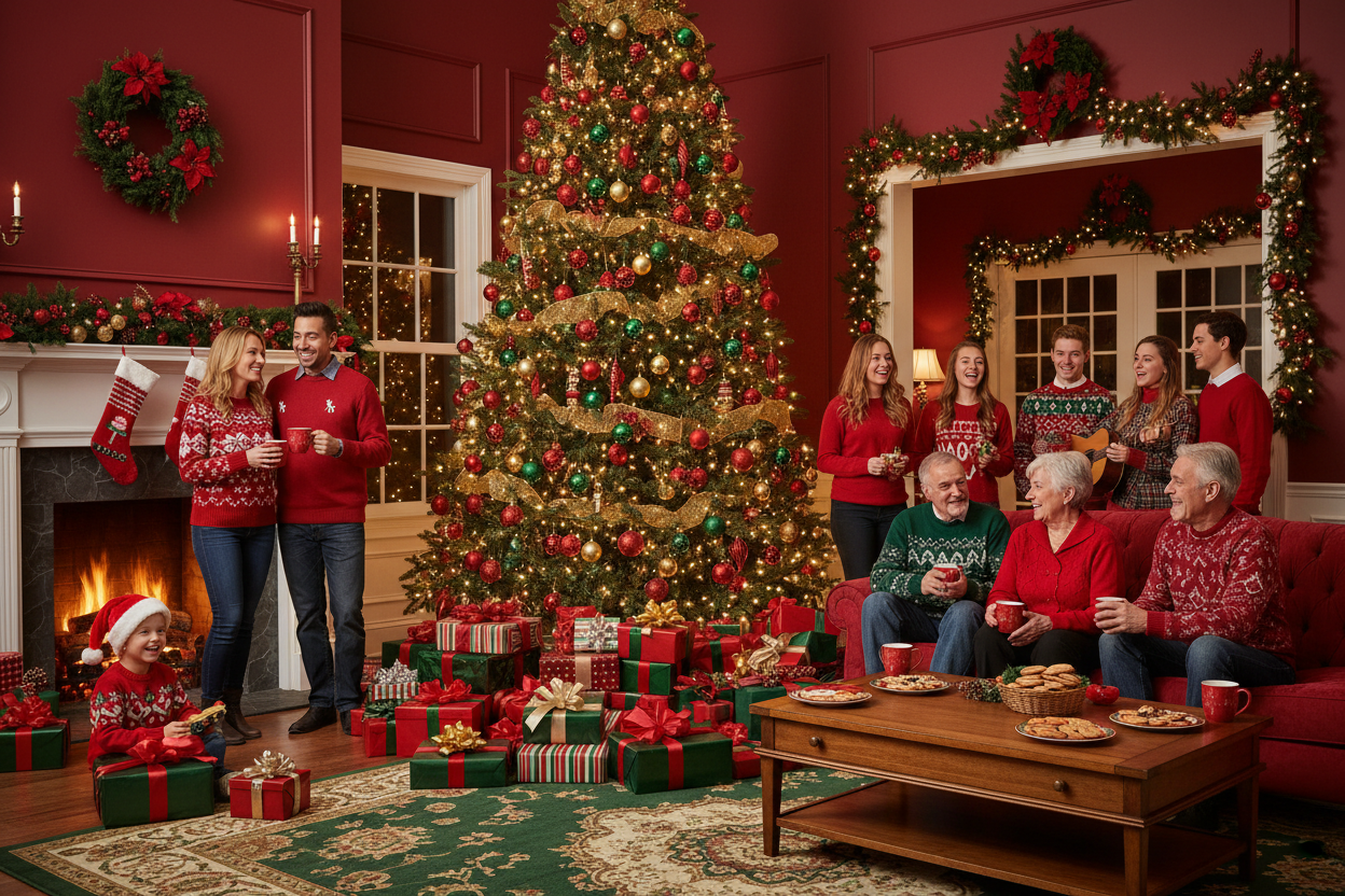 create a festive holiday image with reds and greens and people having fund christmas tree and presents
