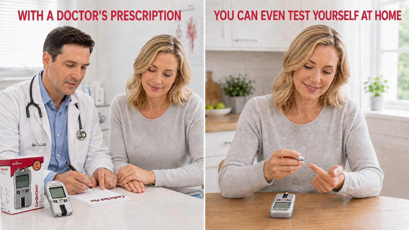 A doctor writing a CardioChek Plus prescription, and a woman testing herself at home