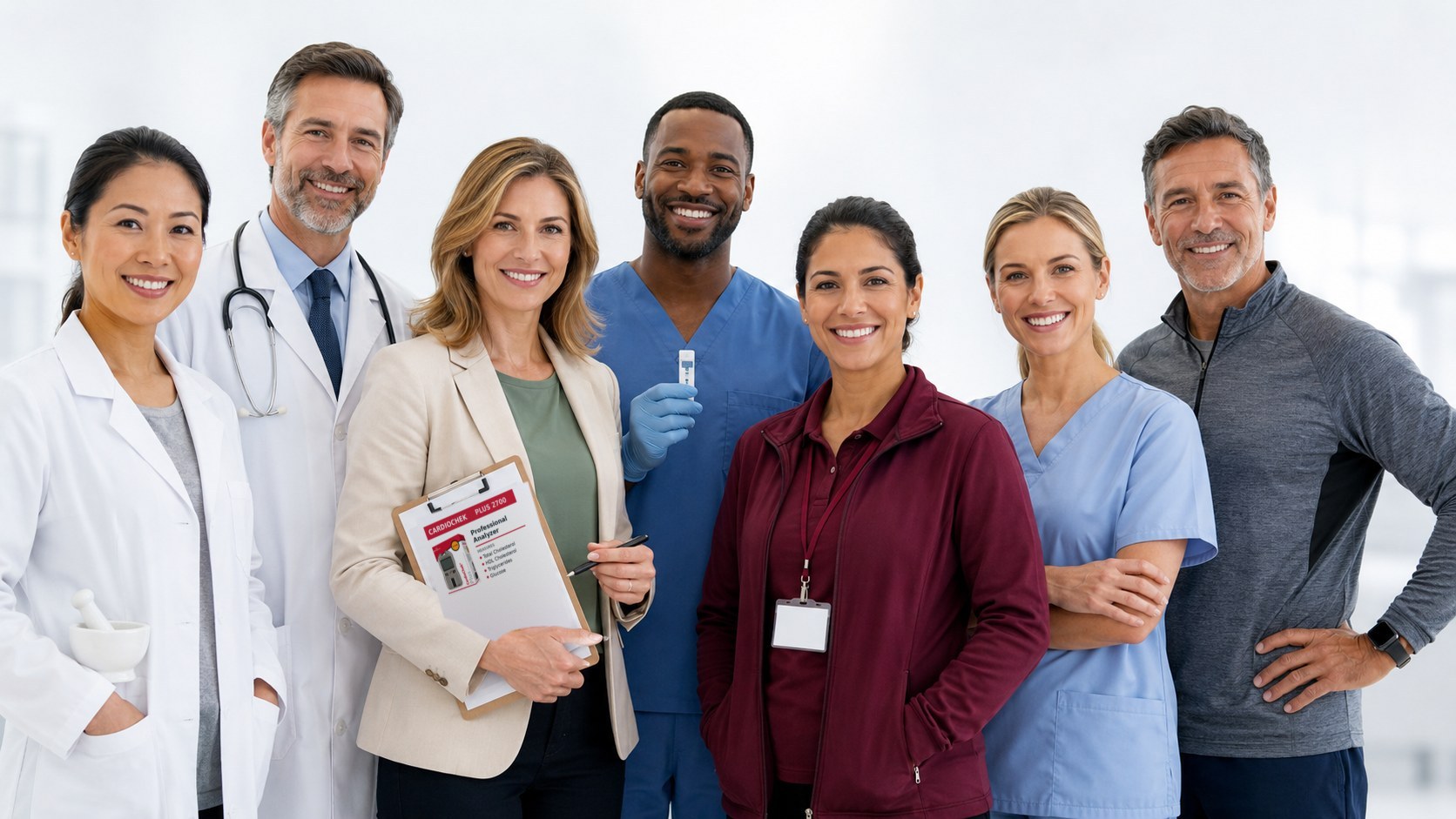 A diverse group representing healthcare professionals, community health workers, and health-conscious individuals
